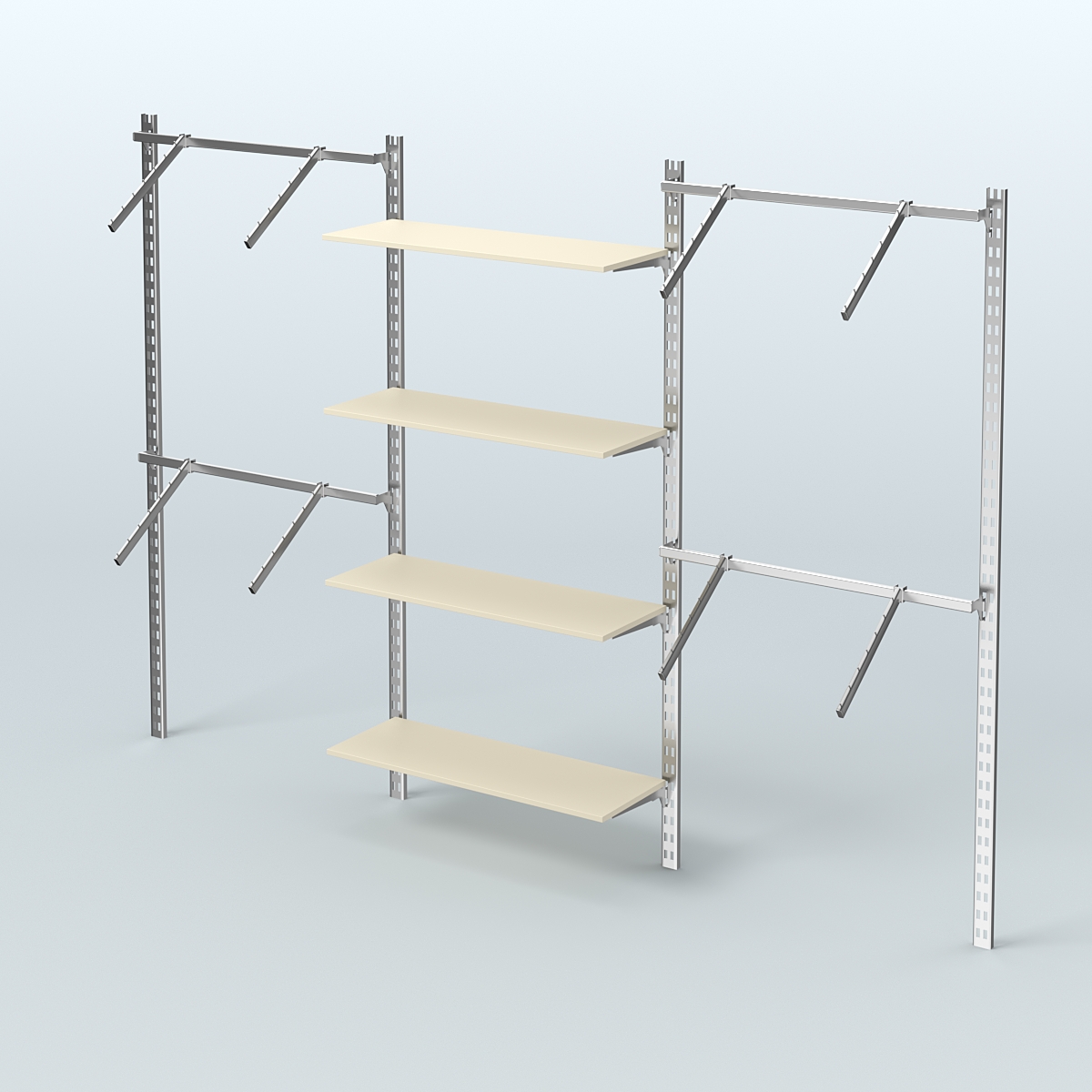 Настенная система для торговли одеждой METAL без задней стенки шириной 3000 мм с пристенными поручнями и полками ДСП №9 Крем Вайс