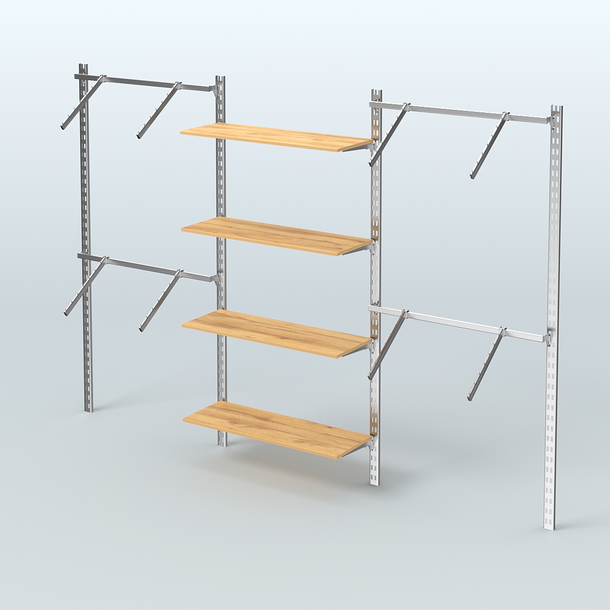 Настенная система для торговли одеждой METAL без задней стенки шириной 3000 мм с пристенными поручнями и полками ДСП №9 Дуб Золотистый