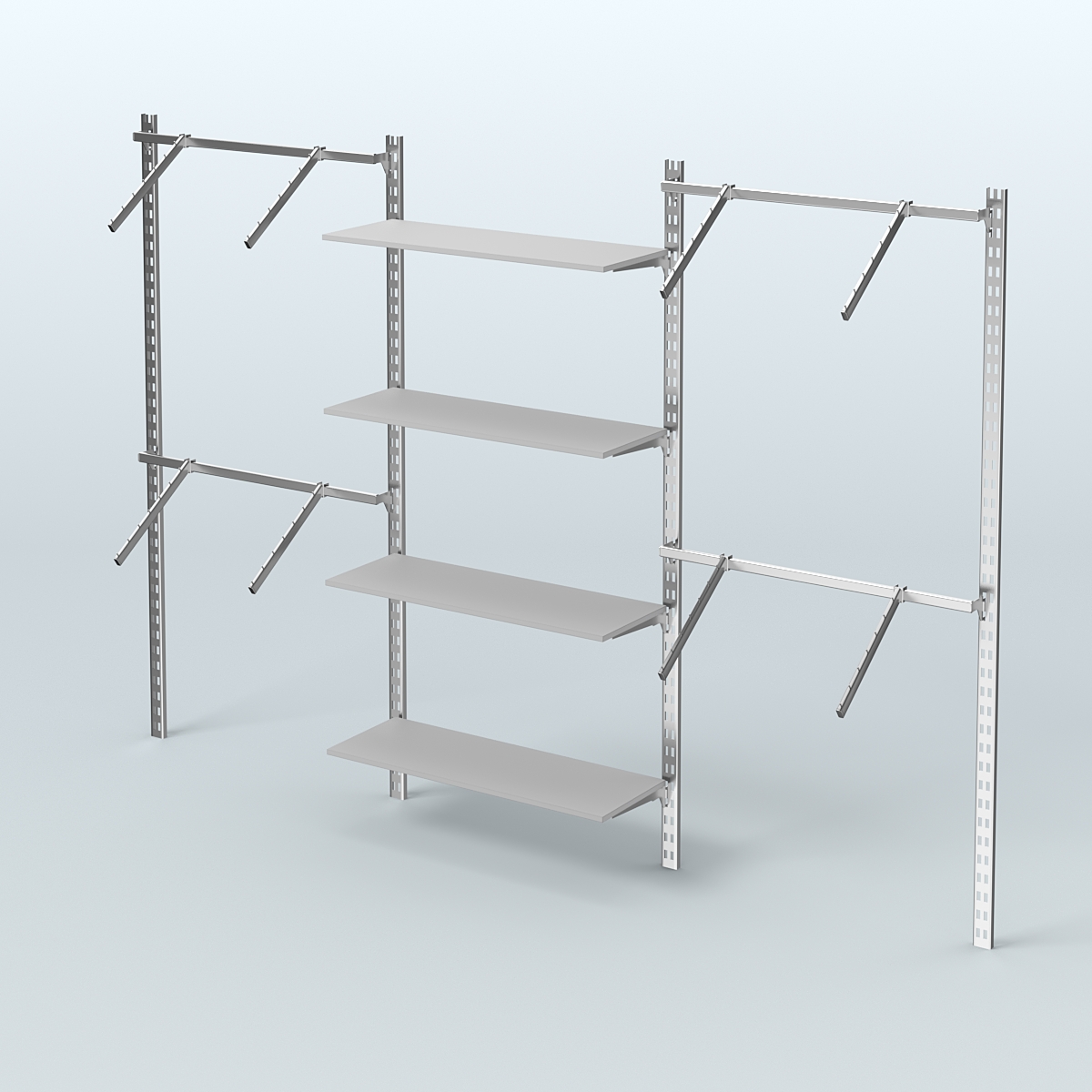 Настенная система для торговли одеждой METAL без задней стенки шириной 3000 мм с пристенными поручнями и полками ДСП №9 Серый