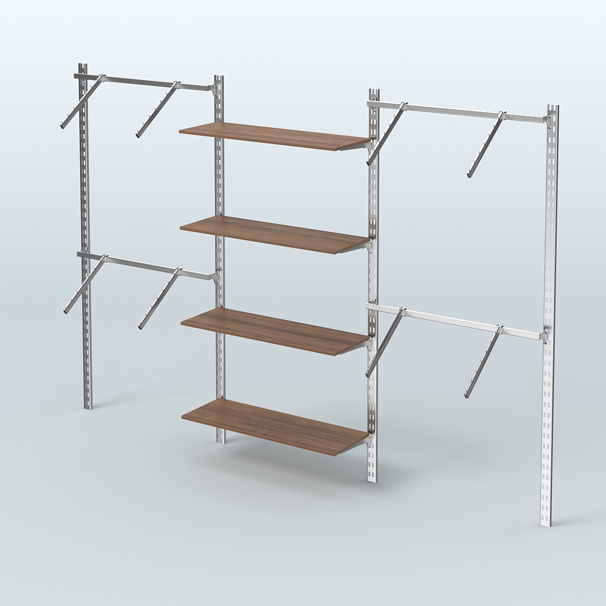 Настенная система для торговли одеждой METAL без задней стенки шириной 3000 мм с пристенными поручнями и полками ДСП №9 Орех