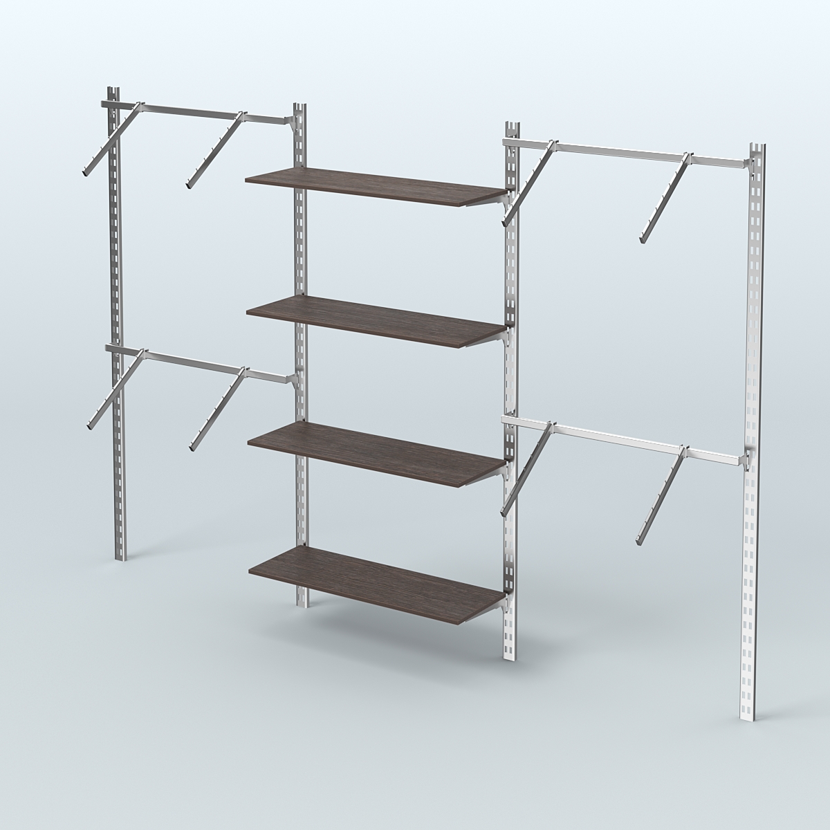 Настенная система для торговли одеждой METAL без задней стенки шириной 3000 мм с пристенными поручнями и полками ДСП №9 Дуб Венге
