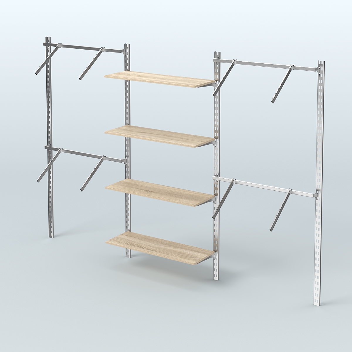 Настенная система для торговли одеждой METAL без задней стенки шириной 3000 мм с пристенными поручнями и полками ДСП №9 Дуб сонома