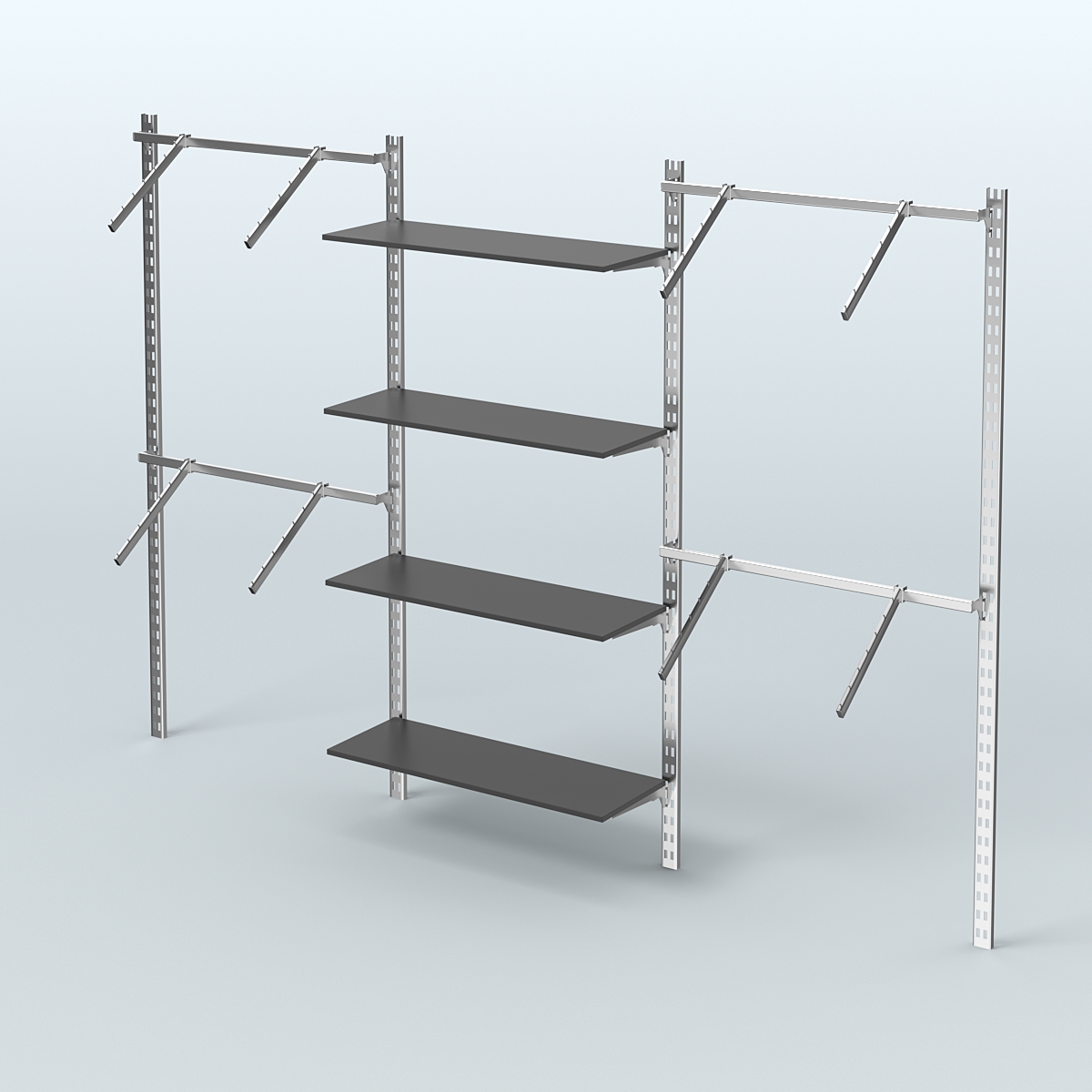 Настенная система для торговли одеждой METAL без задней стенки шириной 3000 мм с пристенными поручнями и полками ДСП №9 Черный