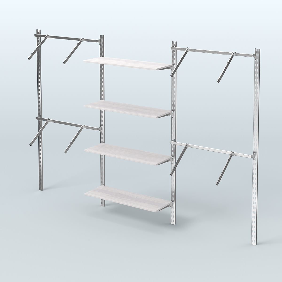 Настенная система для торговли одеждой METAL без задней стенки шириной 3000 мм с пристенными поручнями и полками ДСП №9 Ясень Анкор светлый
