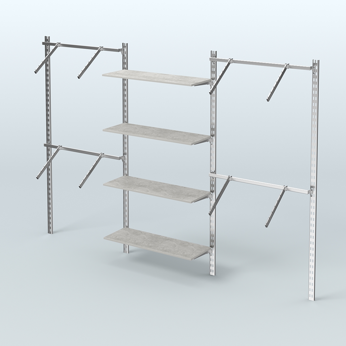 Настенная система для торговли одеждой METAL без задней стенки шириной 3000 мм с пристенными поручнями и полками ДСП №9 Метрополитан Грей