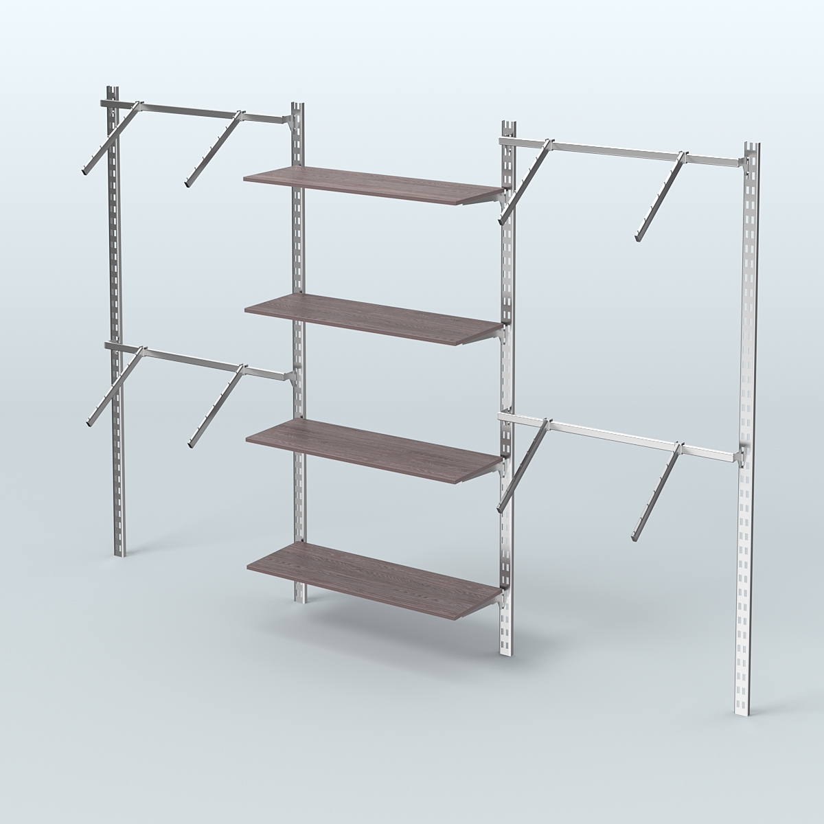 Настенная система для торговли одеждой METAL без задней стенки шириной 3000 мм с пристенными поручнями и полками ДСП №9 Ясень Анкор темный