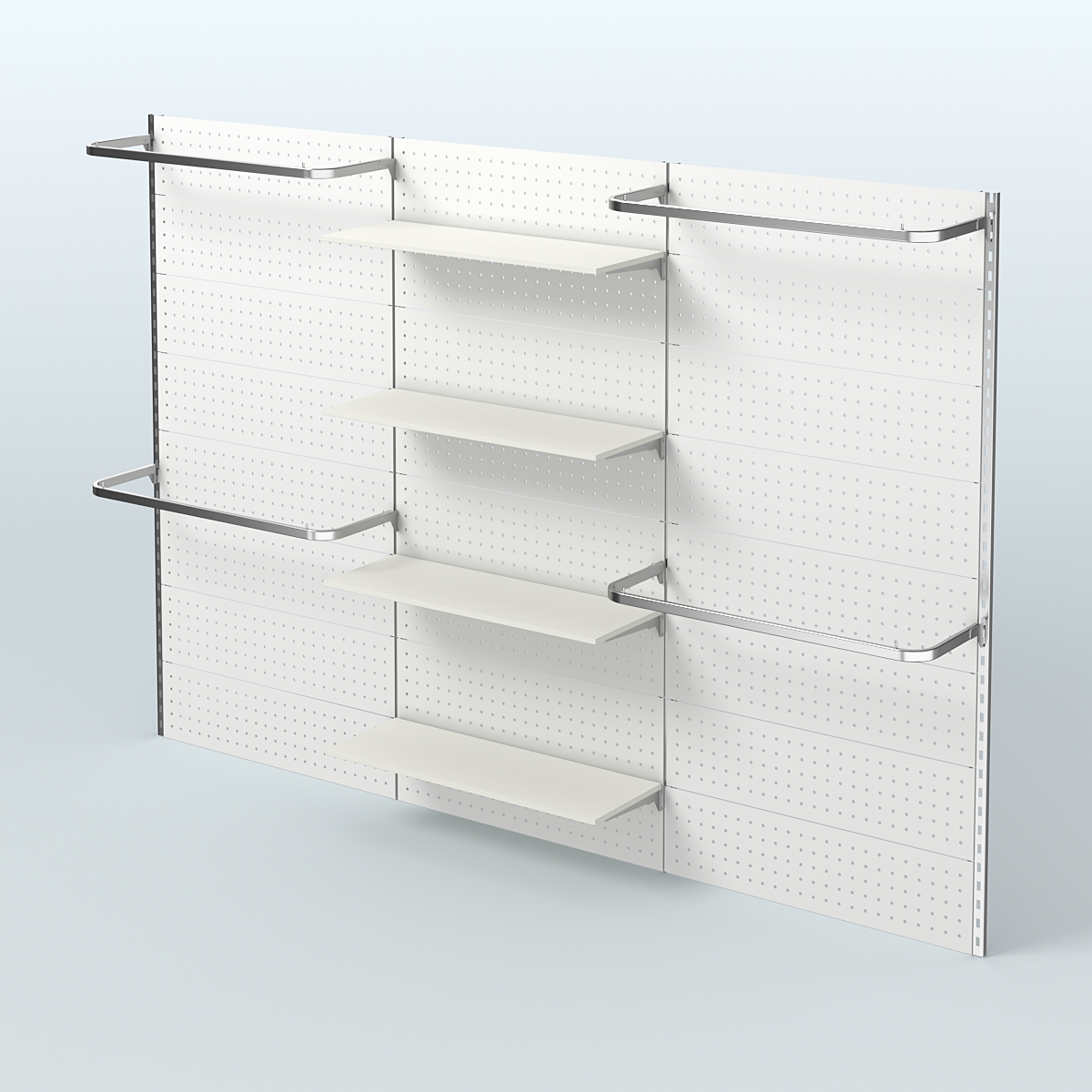 Настенная система для торговли одеждой METAL с задней стенкой шириной 3000 мм с П-образными поручнями и полками ДСП №8 Белый