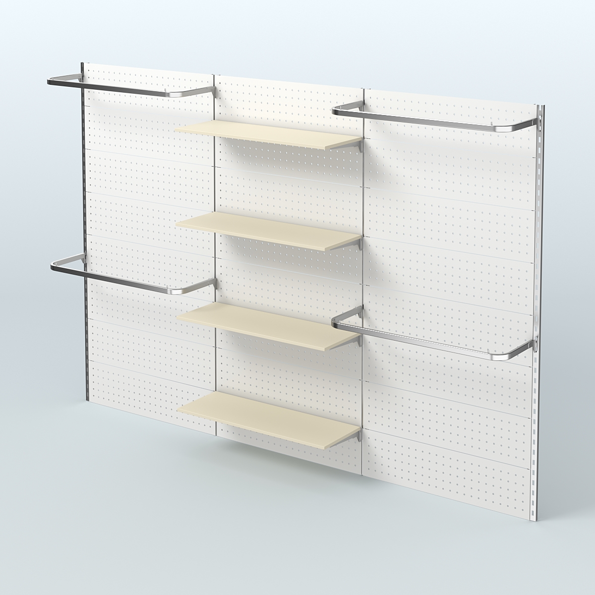 Настенная система для торговли одеждой METAL с задней стенкой шириной 3000 мм с П-образными поручнями и полками ДСП №8 Крем Вайс