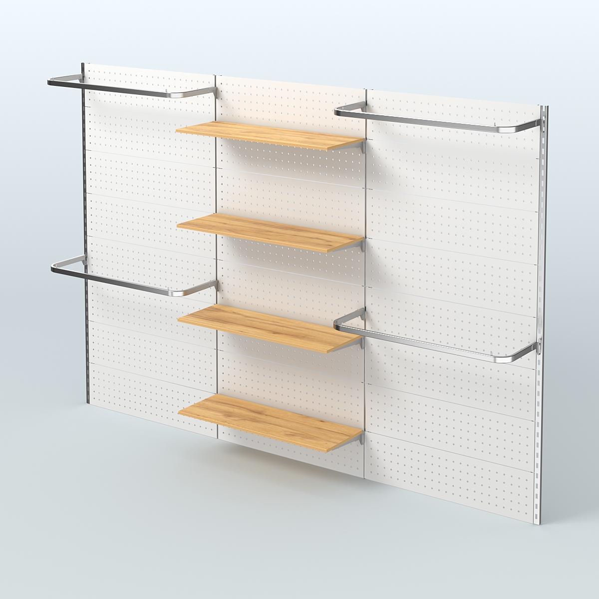 Настенная система для торговли одеждой METAL с задней стенкой шириной 3000 мм с П-образными поручнями и полками ДСП №8 Дуб Золотистый