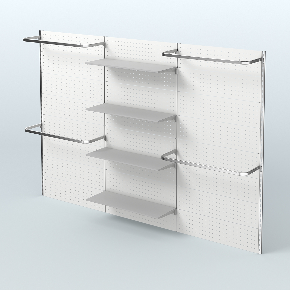 Настенная система для торговли одеждой METAL с задней стенкой шириной 3000 мм с П-образными поручнями и полками ДСП №8 Серый