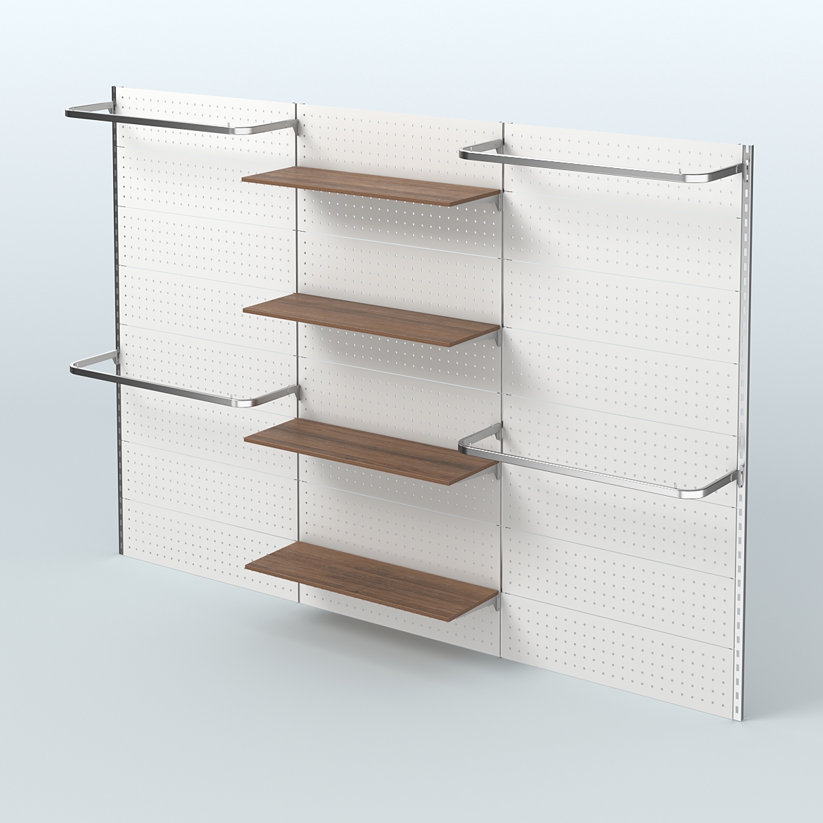 Настенная система для торговли одеждой METAL с задней стенкой шириной 3000 мм с П-образными поручнями и полками ДСП №8 Орех