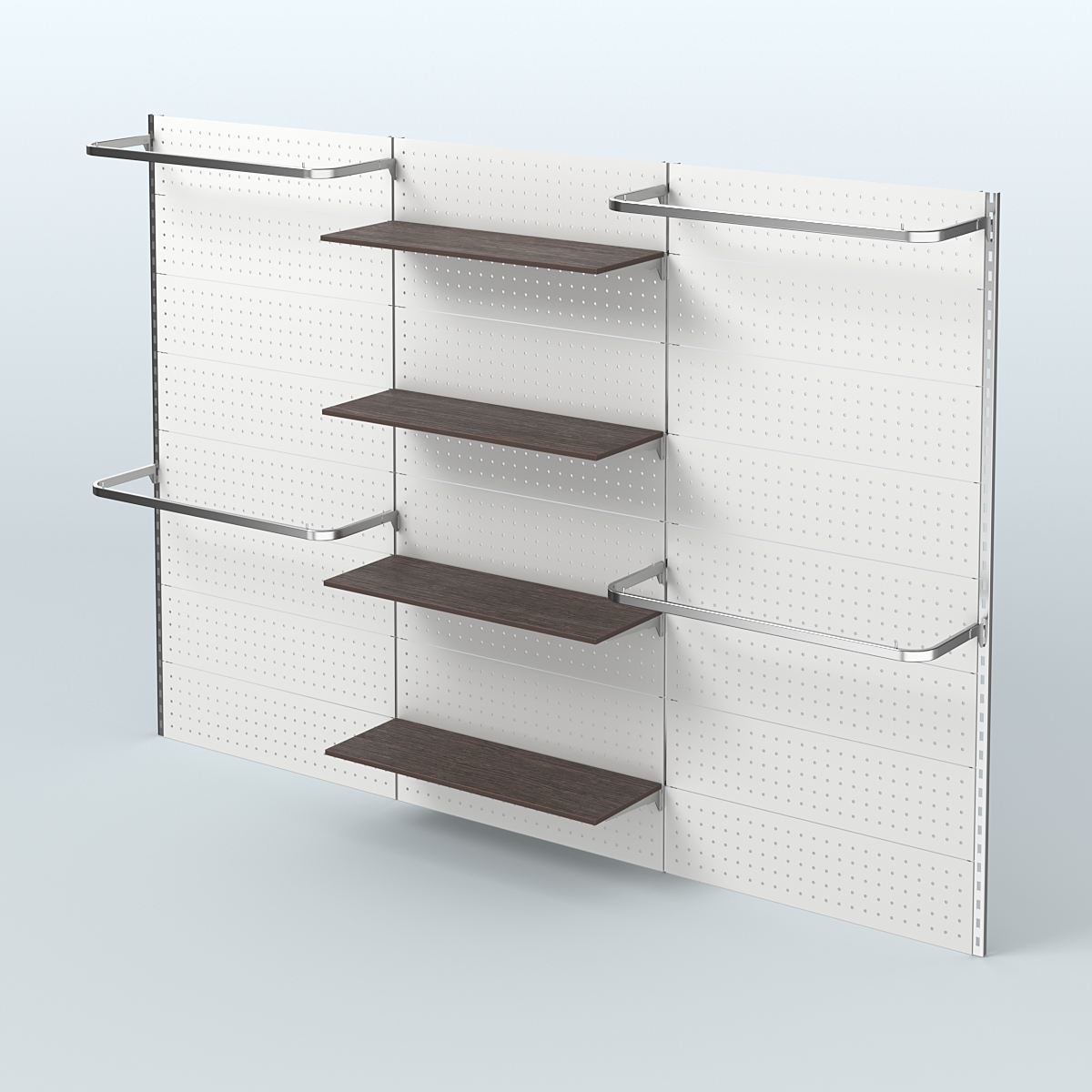 Настенная система для торговли одеждой METAL с задней стенкой шириной 3000 мм с П-образными поручнями и полками ДСП №8 Дуб Венге