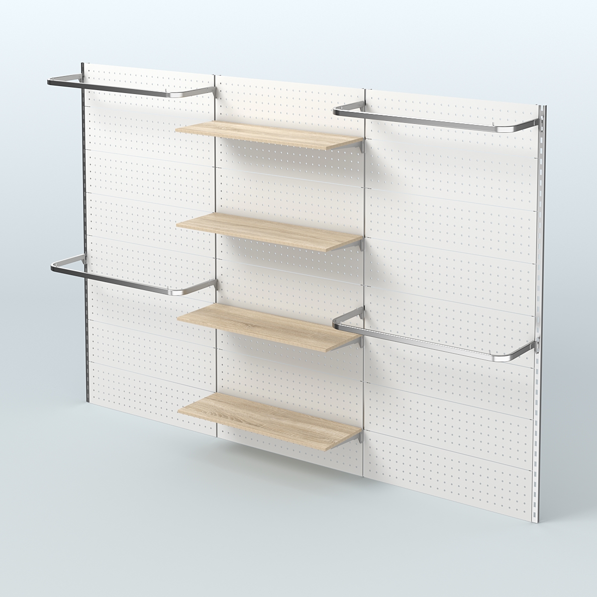 Настенная система для торговли одеждой METAL с задней стенкой шириной 3000 мм с П-образными поручнями и полками ДСП №8 Дуб сонома