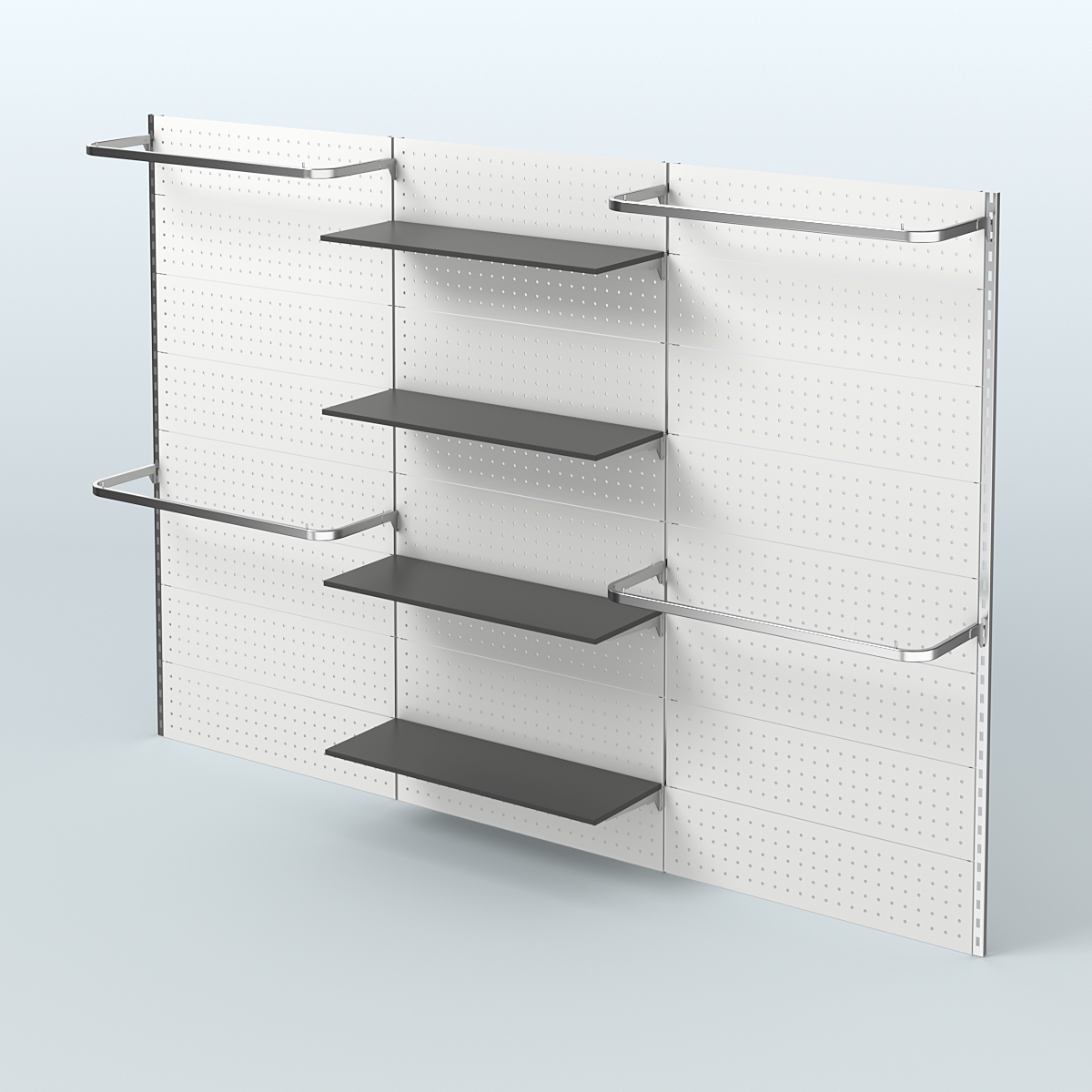 Настенная система для торговли одеждой METAL с задней стенкой шириной 3000 мм с П-образными поручнями и полками ДСП №8 Черный