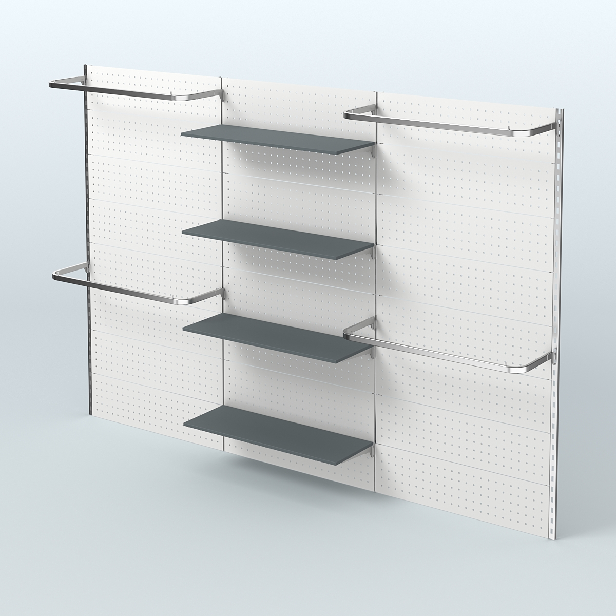 Настенная система для торговли одеждой METAL с задней стенкой шириной 3000 мм с П-образными поручнями и полками ДСП №8 Темно-Серый