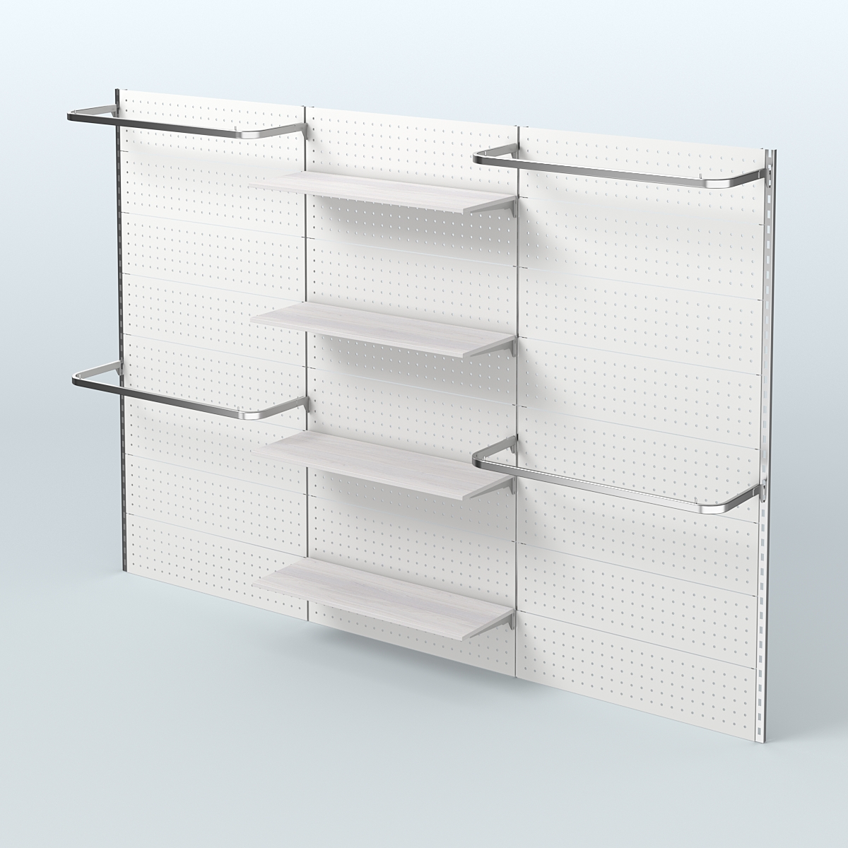 Настенная система для торговли одеждой METAL с задней стенкой шириной 3000 мм с П-образными поручнями и полками ДСП №8 Ясень Анкор светлый