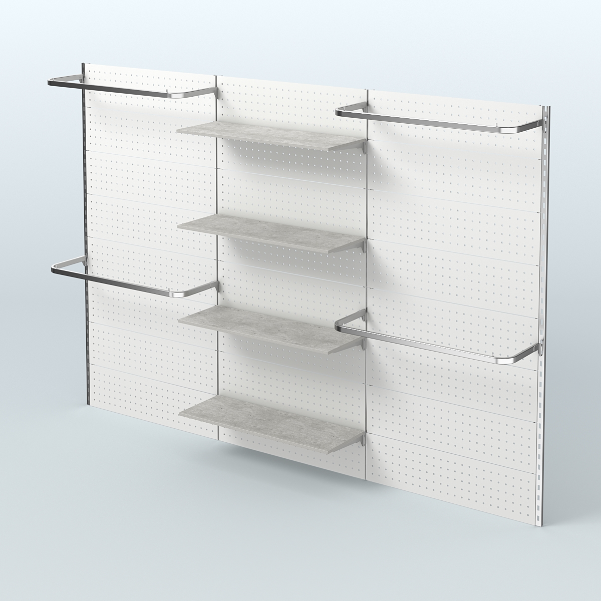 Настенная система для торговли одеждой METAL с задней стенкой шириной 3000 мм с П-образными поручнями и полками ДСП №8 Метрополитан Грей