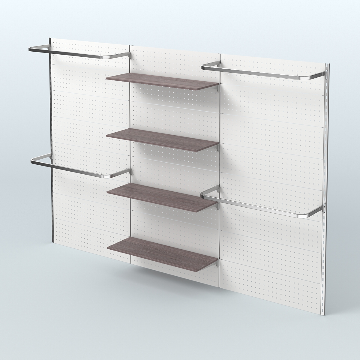 Настенная система для торговли одеждой METAL с задней стенкой шириной 3000 мм с П-образными поручнями и полками ДСП №8 Ясень Анкор темный