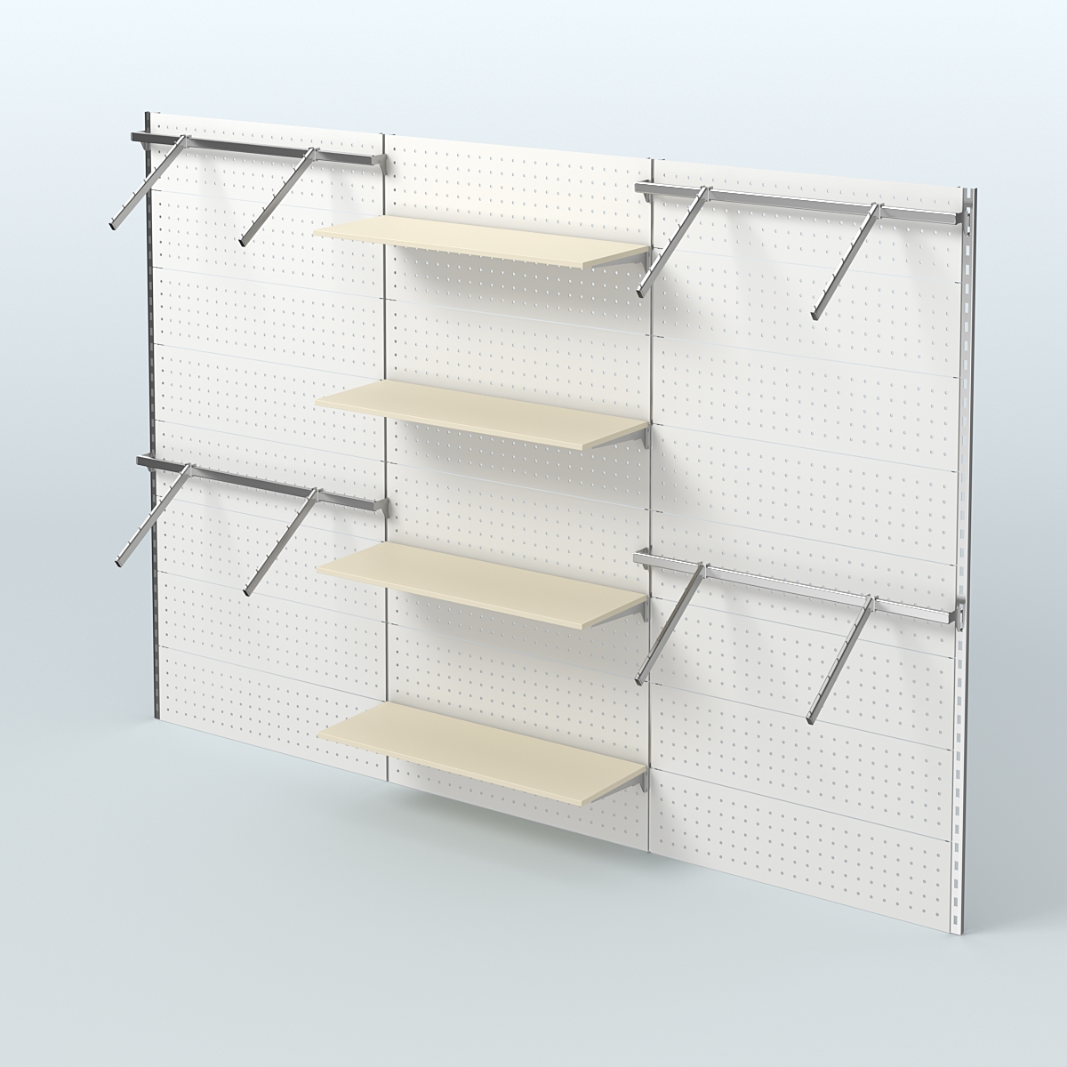 Настенная система для торговли одеждой METAL с задней стенкой шириной 3000 мм с пристенными поручнями и четырьмя полками из ДСП №9 Крем Вайс
