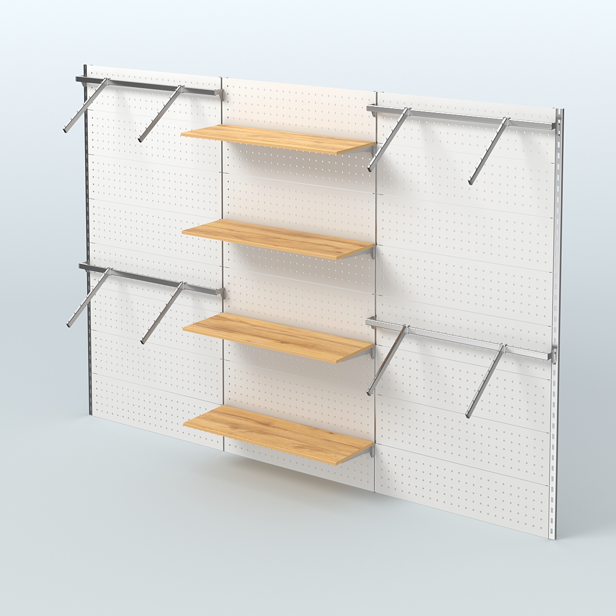 Настенная система для торговли одеждой METAL с задней стенкой шириной 3000 мм с пристенными поручнями и четырьмя полками из ДСП №9 Дуб Золотистый