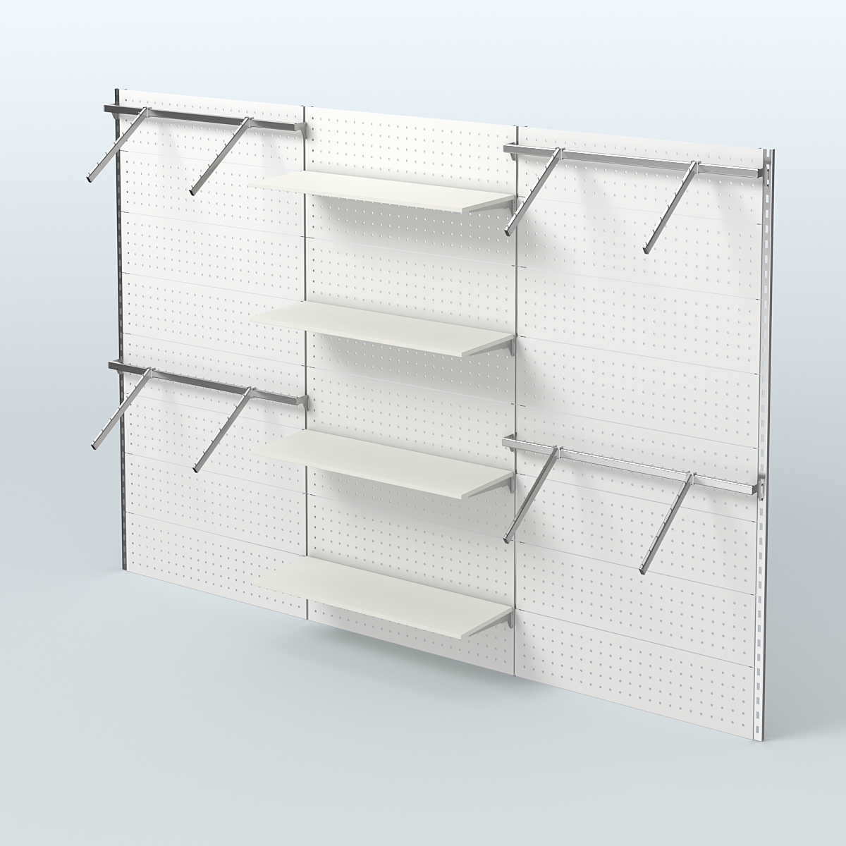 Настенная система для торговли одеждой METAL с задней стенкой шириной 3000 мм с пристенными поручнями и четырьмя полками из ДСП №9 Белый