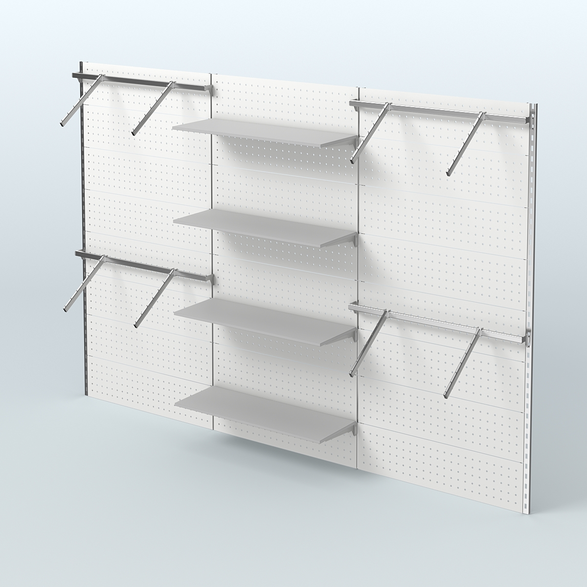 Настенная система для торговли одеждой METAL с задней стенкой шириной 3000 мм с пристенными поручнями и четырьмя полками из ДСП №9 Серый