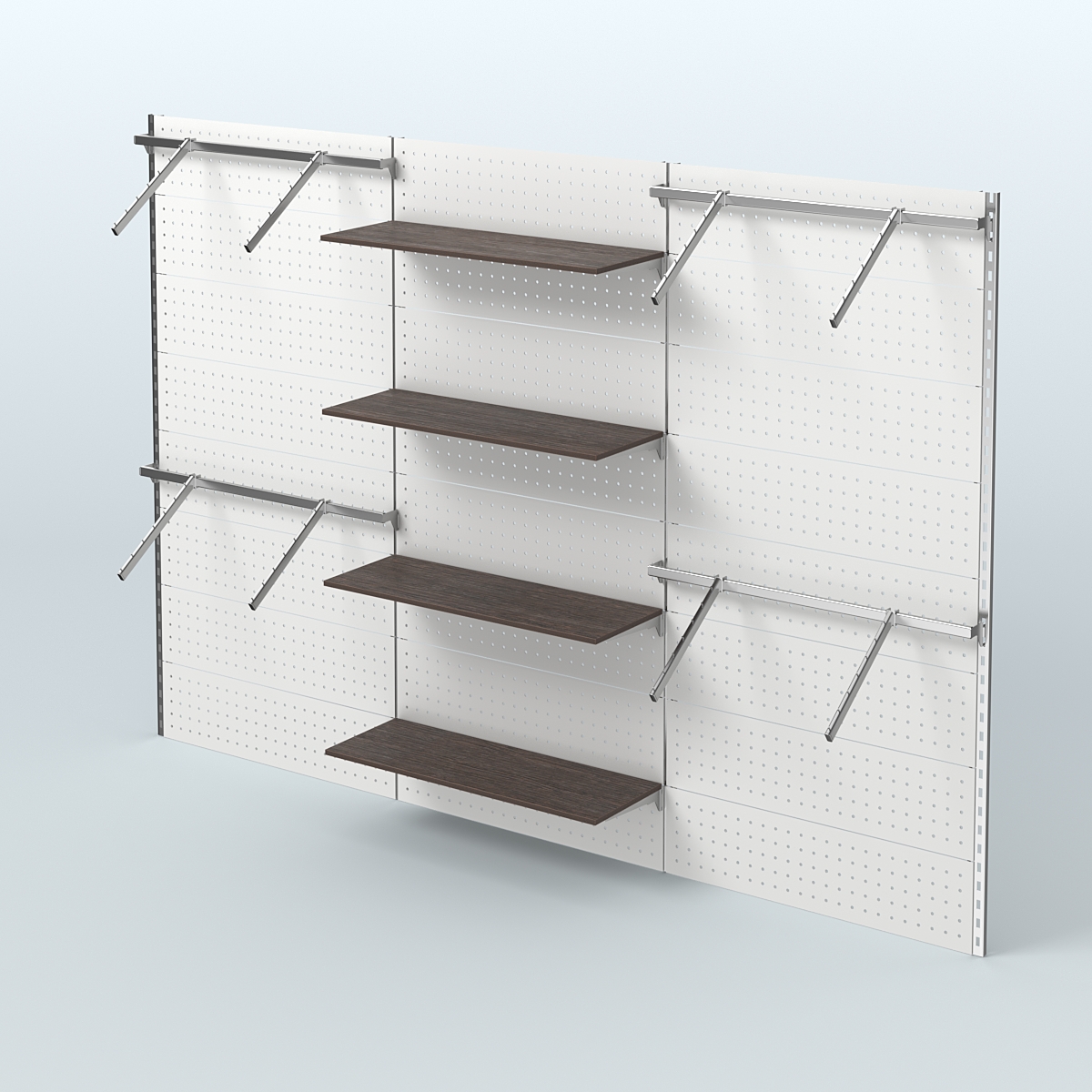 Настенная система для торговли одеждой METAL с задней стенкой шириной 3000 мм с пристенными поручнями и четырьмя полками из ДСП №9 Дуб Венге