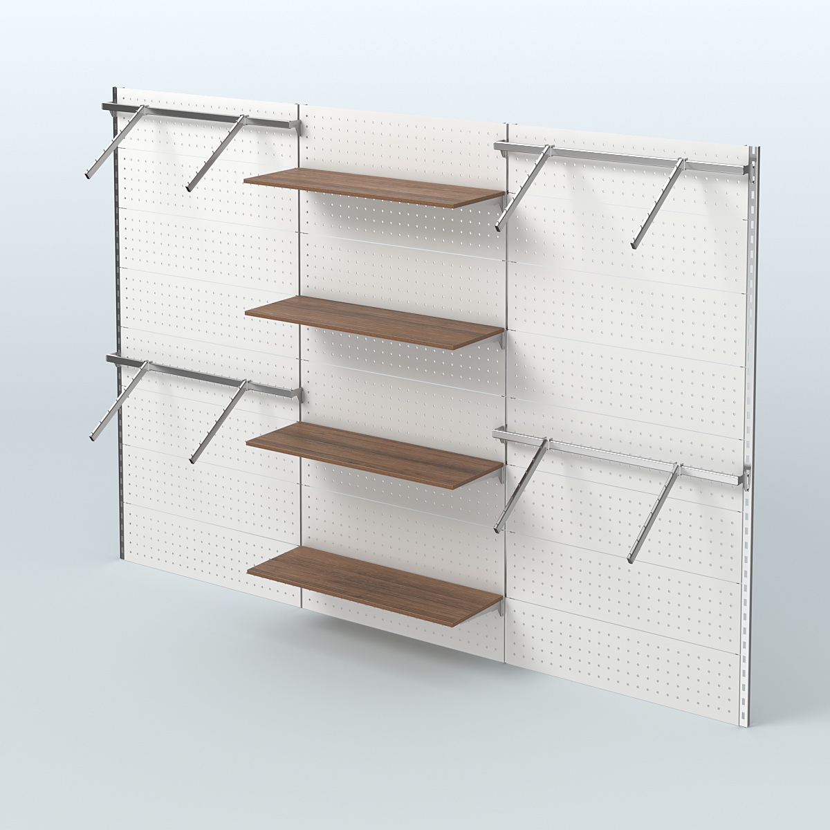 Настенная система для торговли одеждой METAL с задней стенкой шириной 3000 мм с пристенными поручнями и четырьмя полками из ДСП №9 Орех