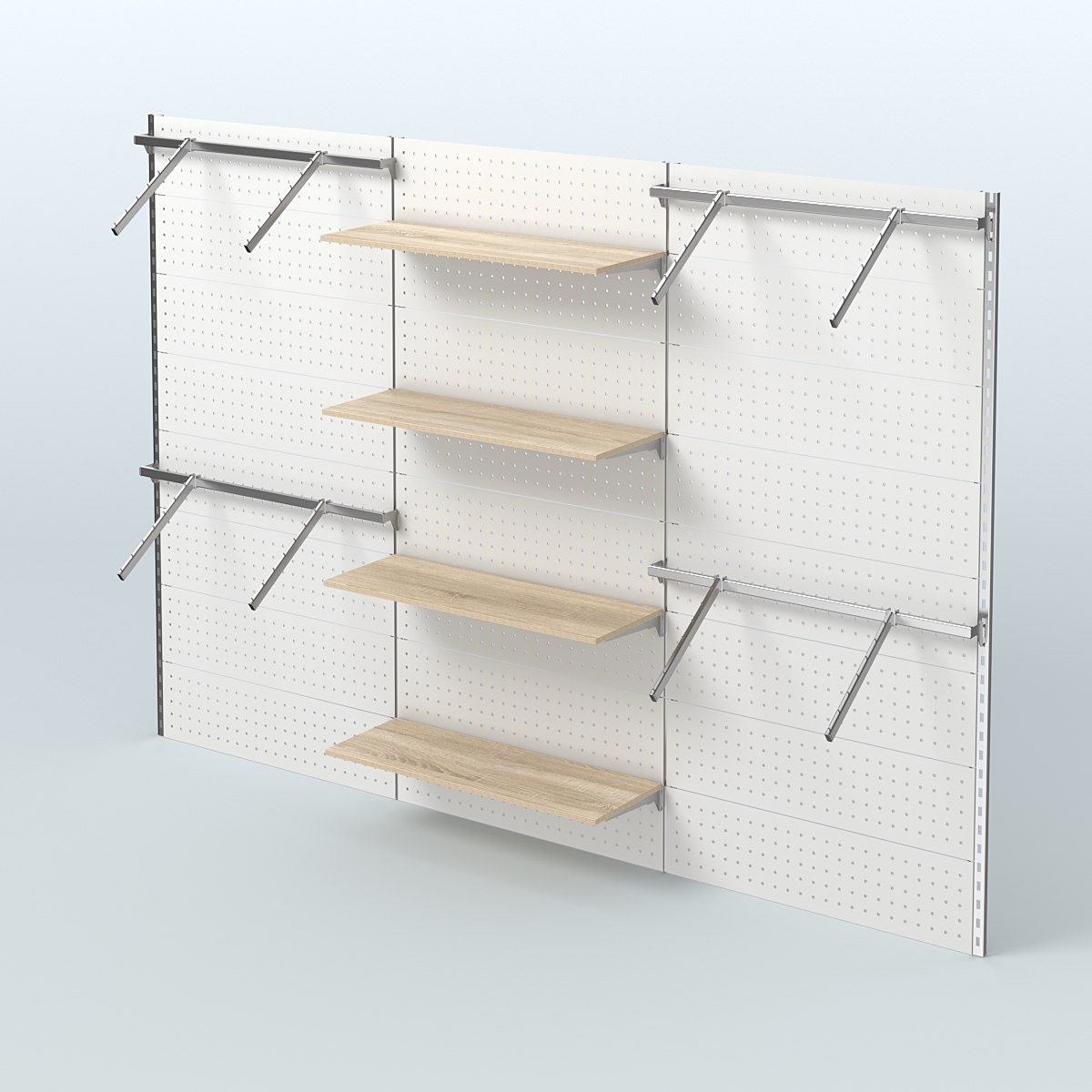 Настенная система для торговли одеждой METAL с задней стенкой шириной 3000 мм с пристенными поручнями и четырьмя полками из ДСП №9 Дуб сонома