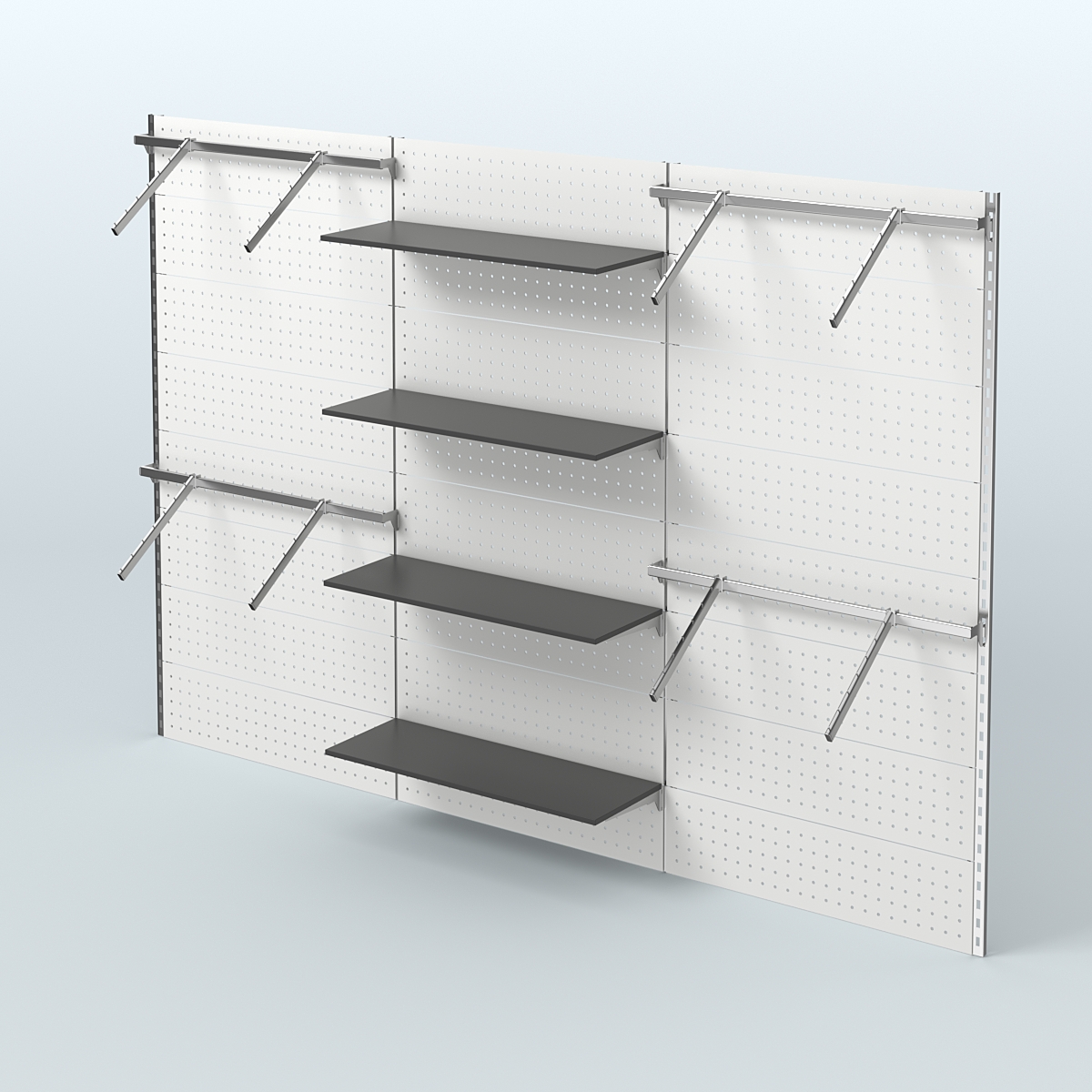 Настенная система для торговли одеждой METAL с задней стенкой шириной 3000 мм с пристенными поручнями и четырьмя полками из ДСП №9 Черный