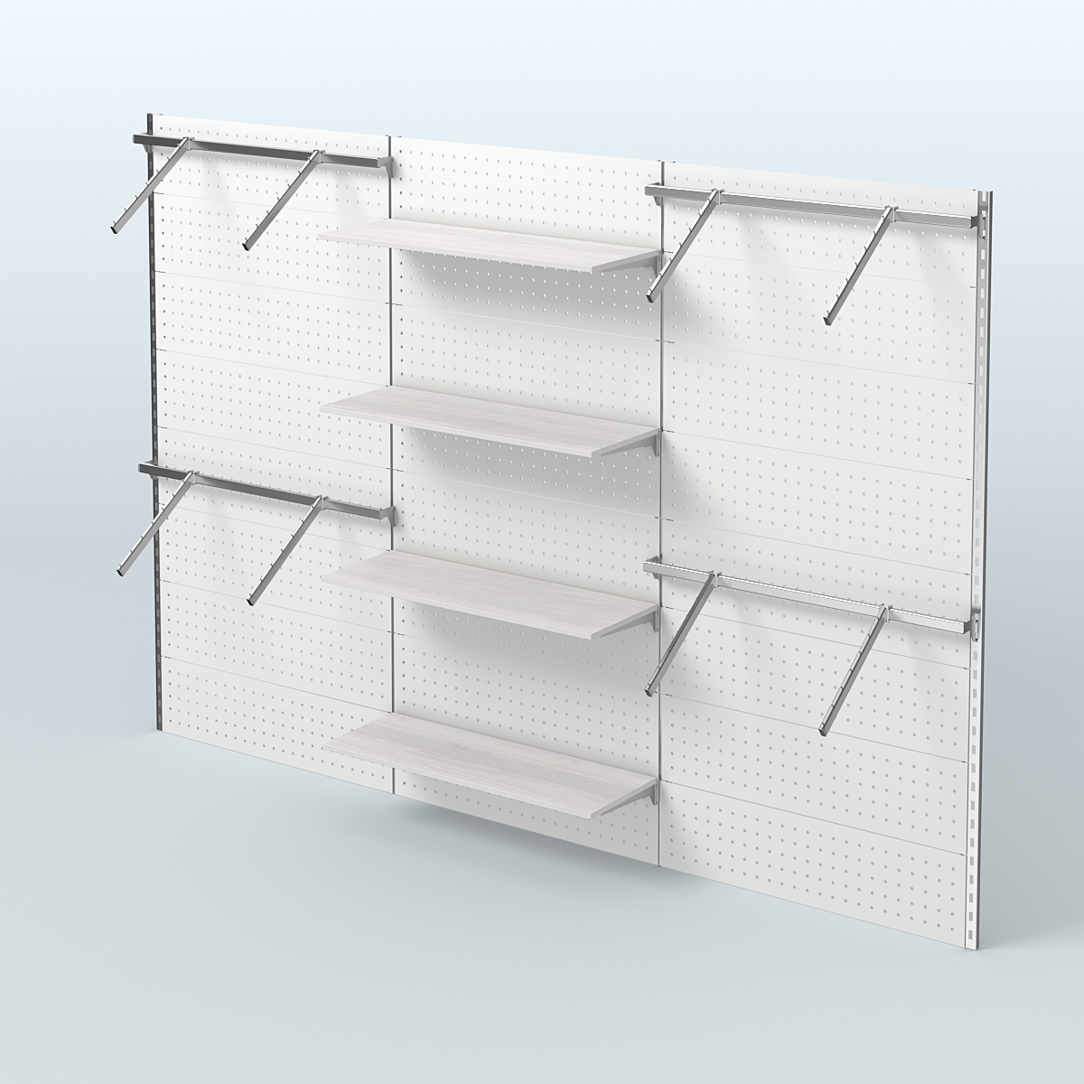 Настенная система для торговли одеждой METAL с задней стенкой шириной 3000 мм с пристенными поручнями и четырьмя полками из ДСП №9 Ясень Анкор светлый