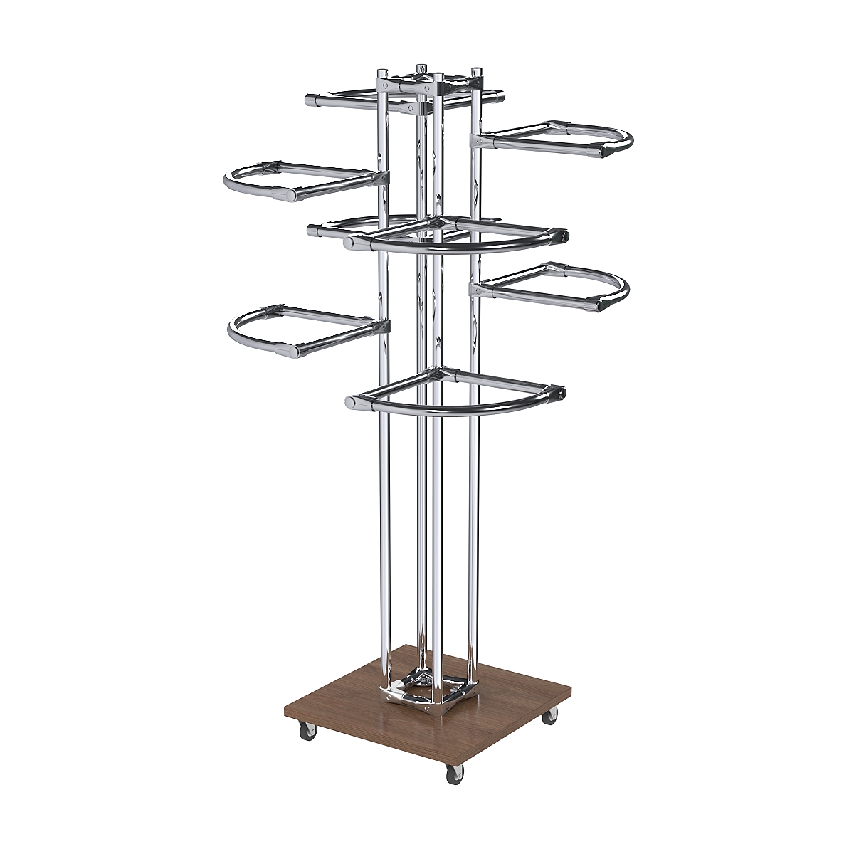 Торговое хромированное двухъярусное вешало с передвижными поручнями СЕКТОР №2-1 Орех