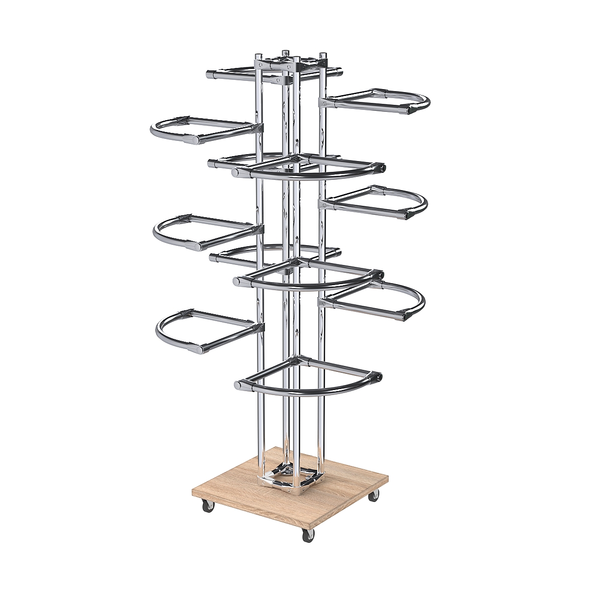 Торговое хромированное трехъярусное вешало с регулируемыми поручнями СЕКТОР №3-1 Дуб Сонома