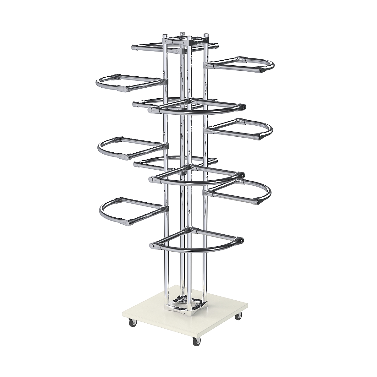 Торговое хромированное трехъярусное вешало с регулируемыми поручнями СЕКТОР №3-1 Белый