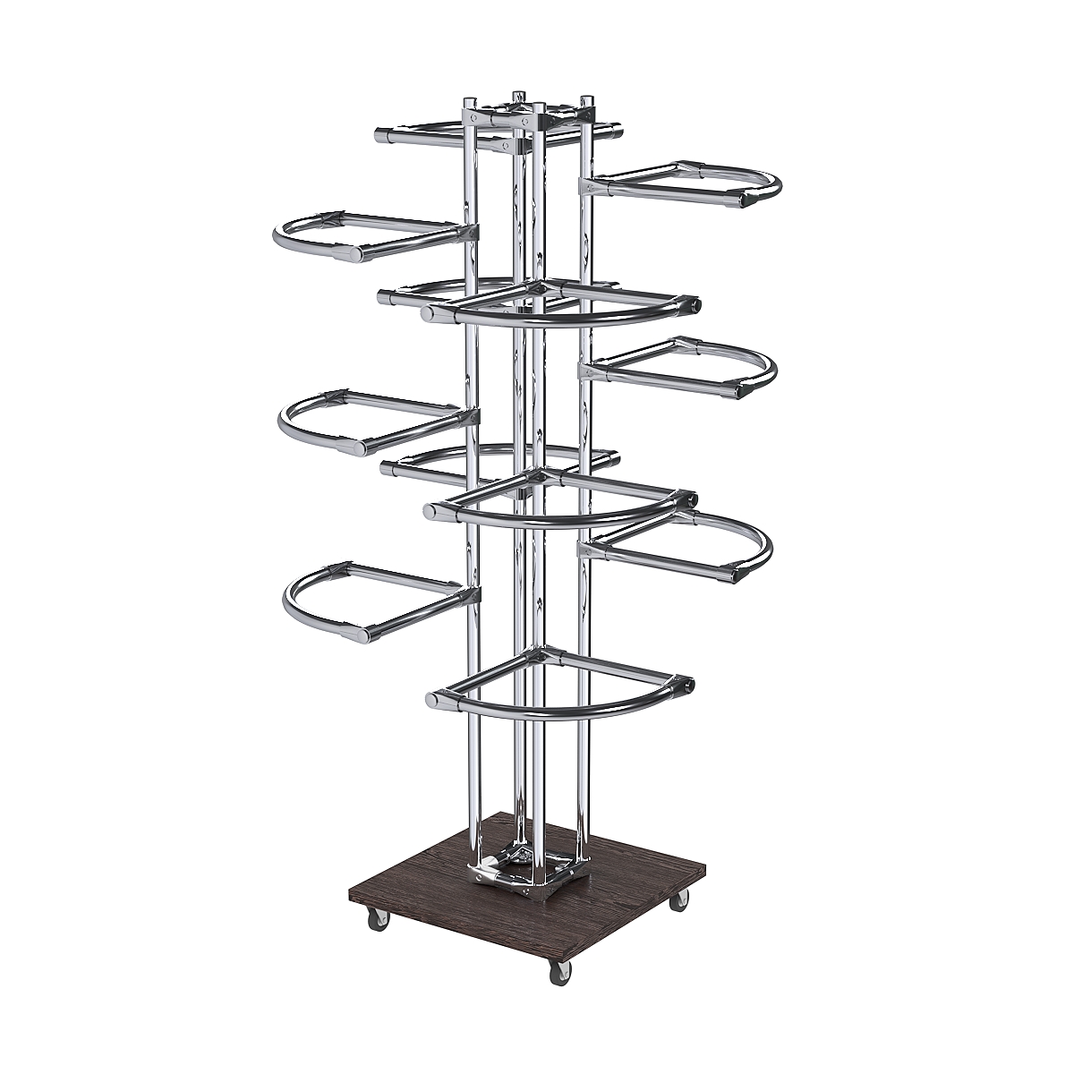 Торговое хромированное трехъярусное вешало с регулируемыми поручнями СЕКТОР №3-1 Дуб Венге