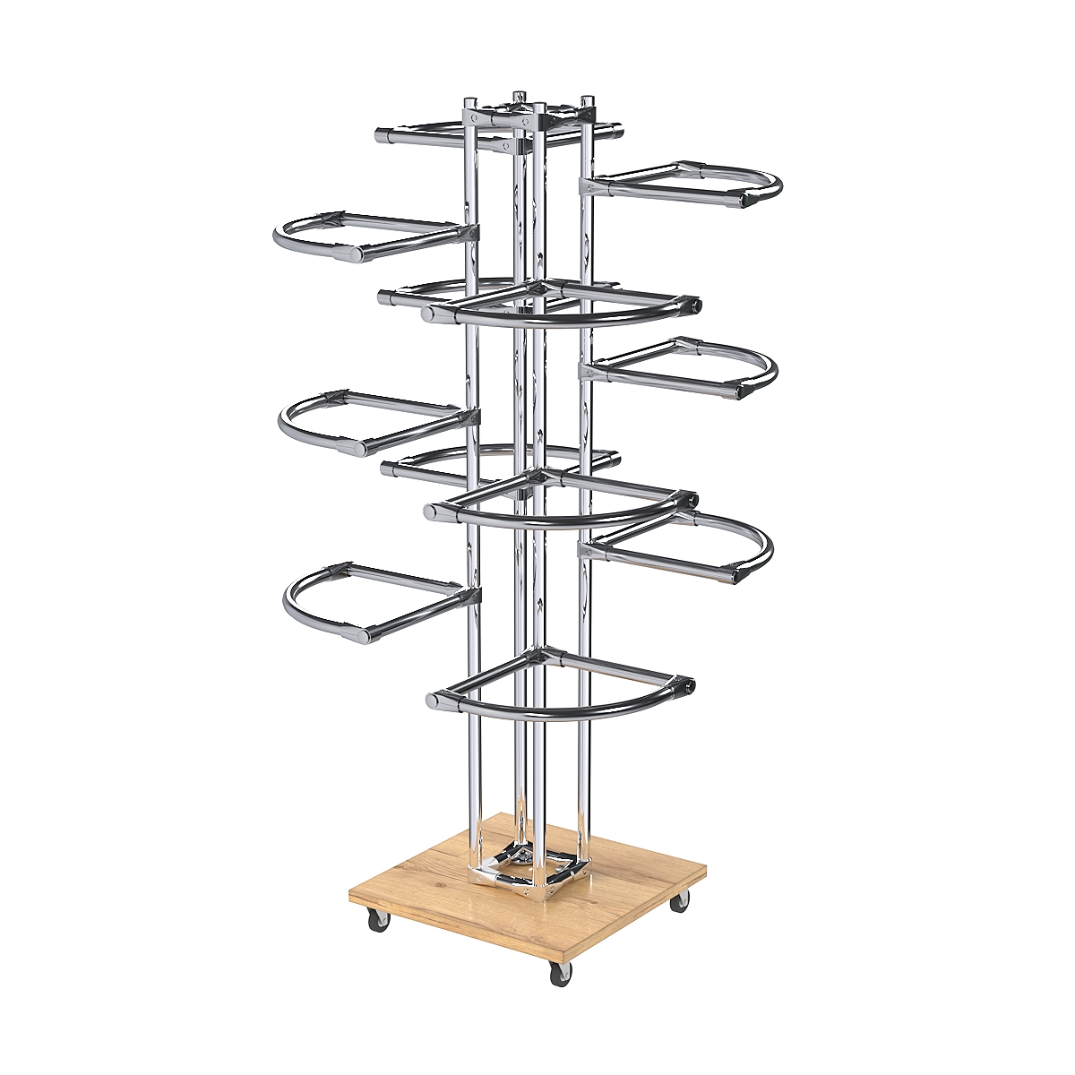 Торговое хромированное трехъярусное вешало с регулируемыми поручнями СЕКТОР №3-1 Дуб Золотистый