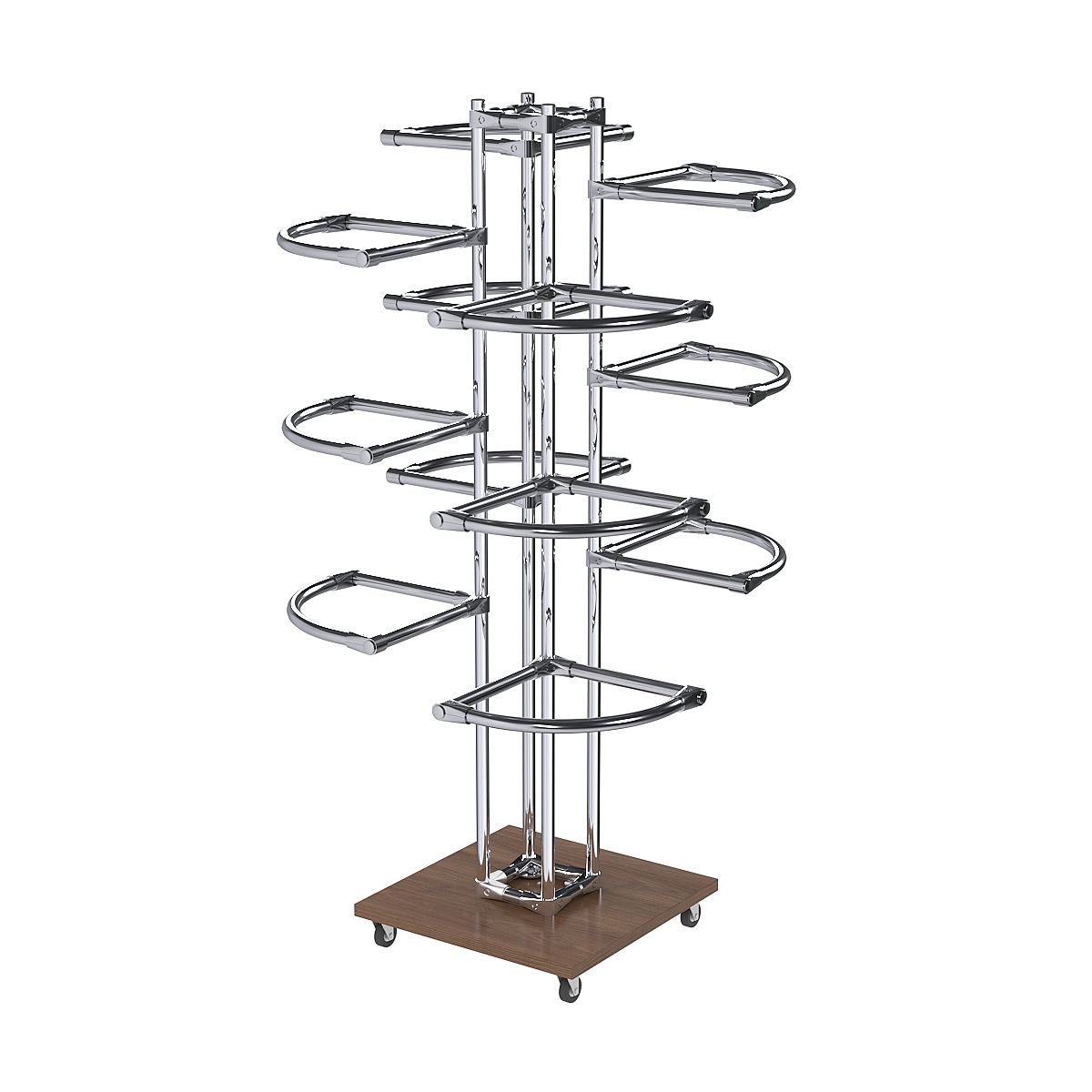 Торговое хромированное трехъярусное вешало с регулируемыми поручнями СЕКТОР №3-1 Орех