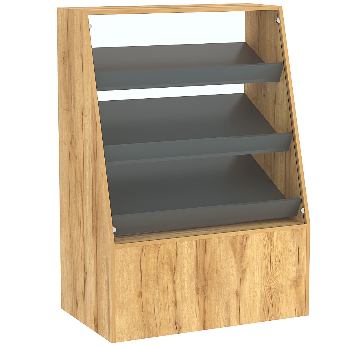 Торговый прилавок для выпечки с тремя наклонными полками под экраны серии BAKERY №2 Дуб Золотистый и Темно-Серый