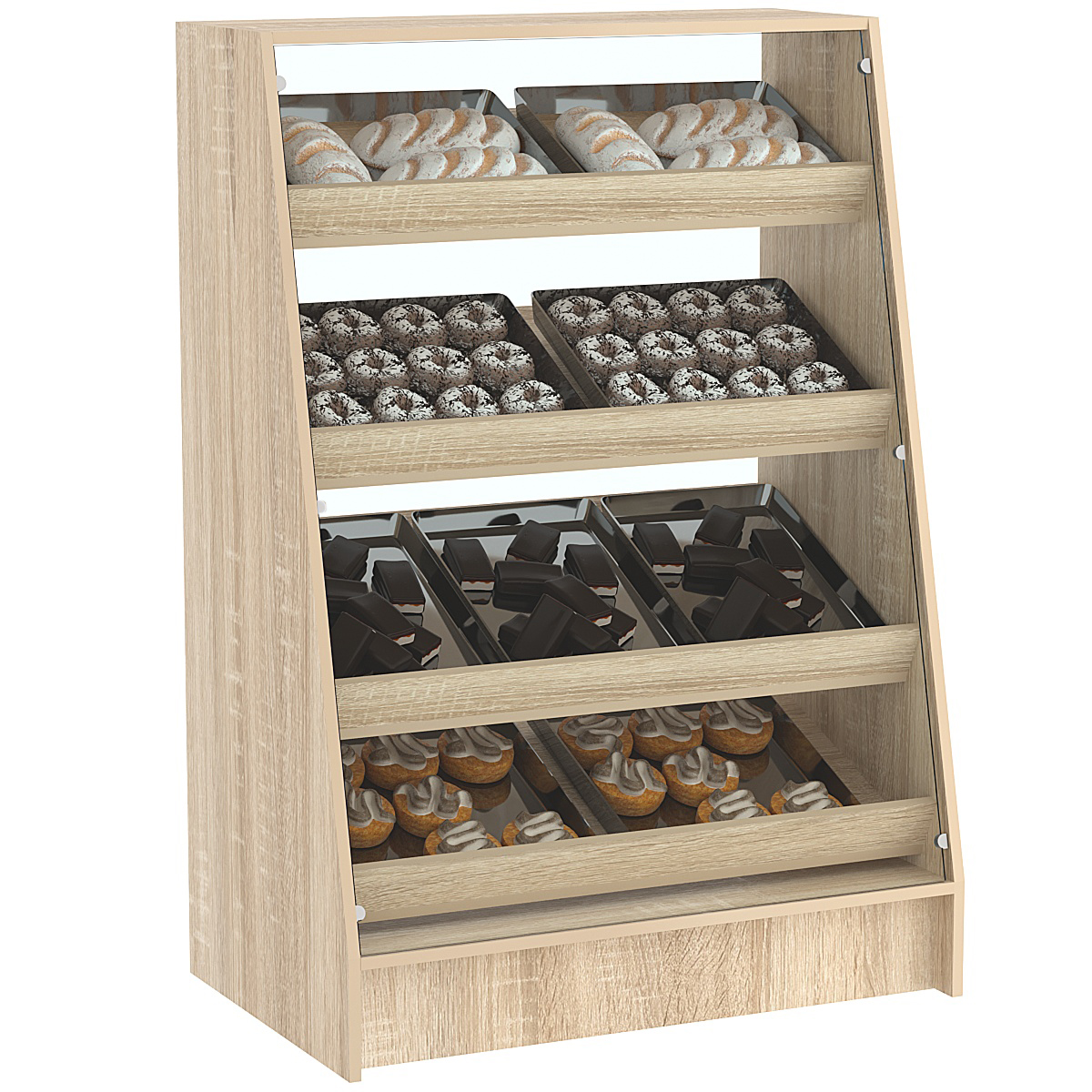 Торговый прилавок для выпечки с четырьмя наклонными полками и бортиками серии BAKERY №3 Дуб сонома