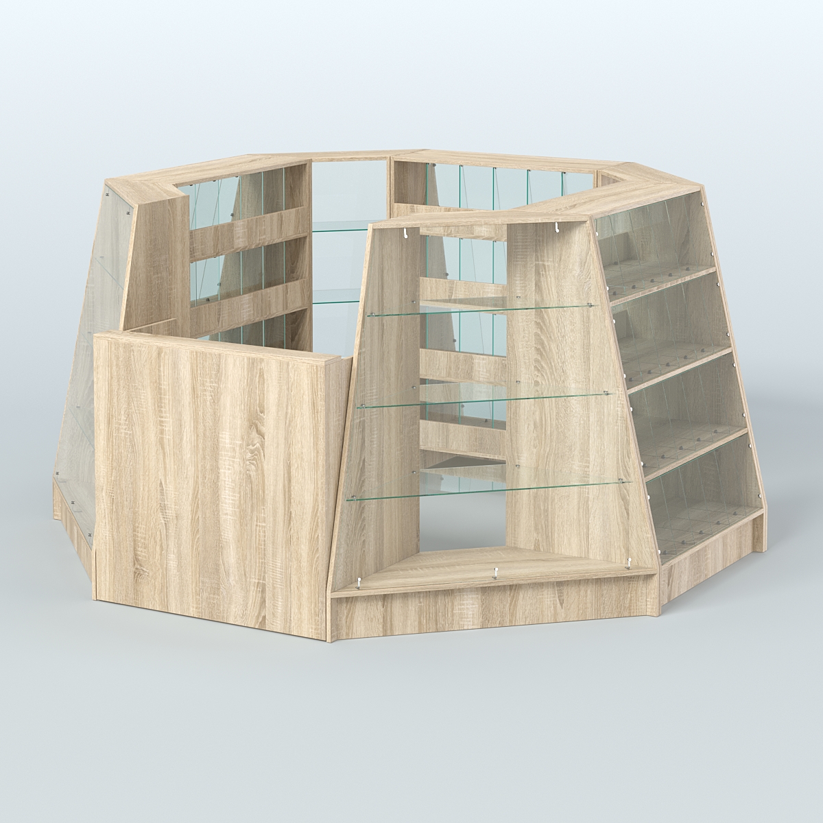 Торговый островок квадратный со стеклянными разделителями для продажи конфет и орехов на 72 ячейки №1-2 (4,94 кв.м) Дуб сонома