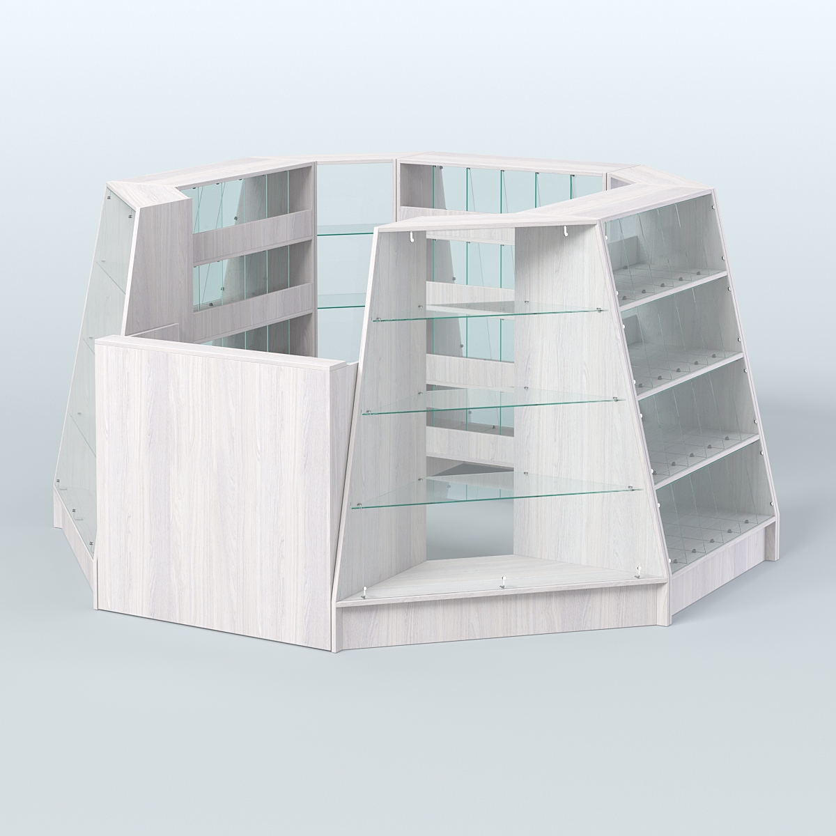 Торговый островок квадратный со стеклянными разделителями для продажи конфет и орехов на 72 ячейки №1-2 (4,94 кв.м) Ясень Анкор светлый