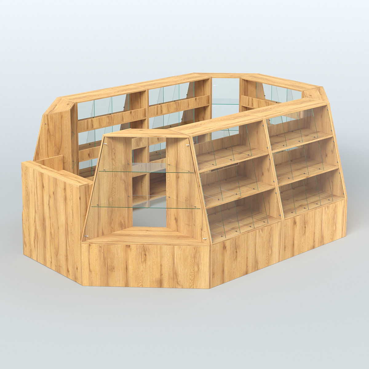 Торговый островок средний со стеклянными разделителями для продажи конфет и орехов 65 ячеек №2-1 (8,34 кв.м) Дуб Золотистый