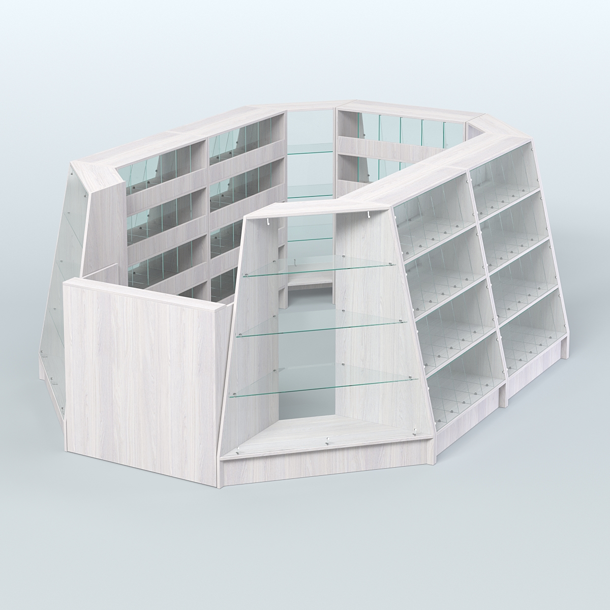 Торговый островок продольный со стеклянными разделителями для продажи конфет и орехов на 120 ячеек №2-2 (8,34 кв.м) Ясень Анкор светлый