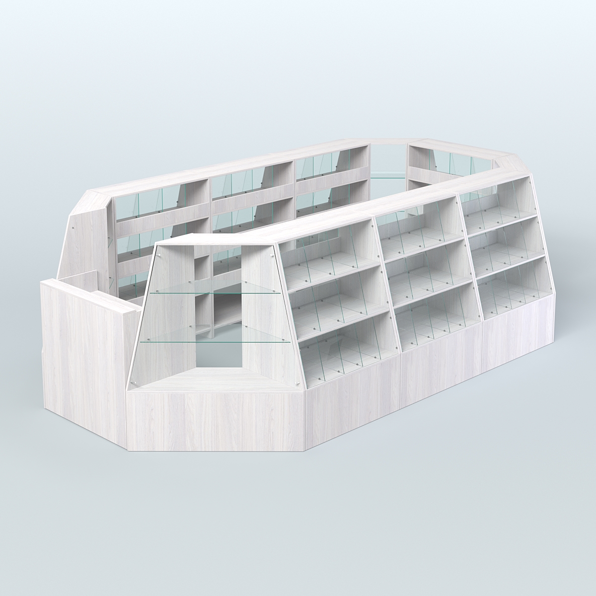 Торговый островок большой со стеклянными разделителями для продажи конфет и орехов на 91 ячейку №3-1 (10,57 кв.м) Ясень Анкор светлый