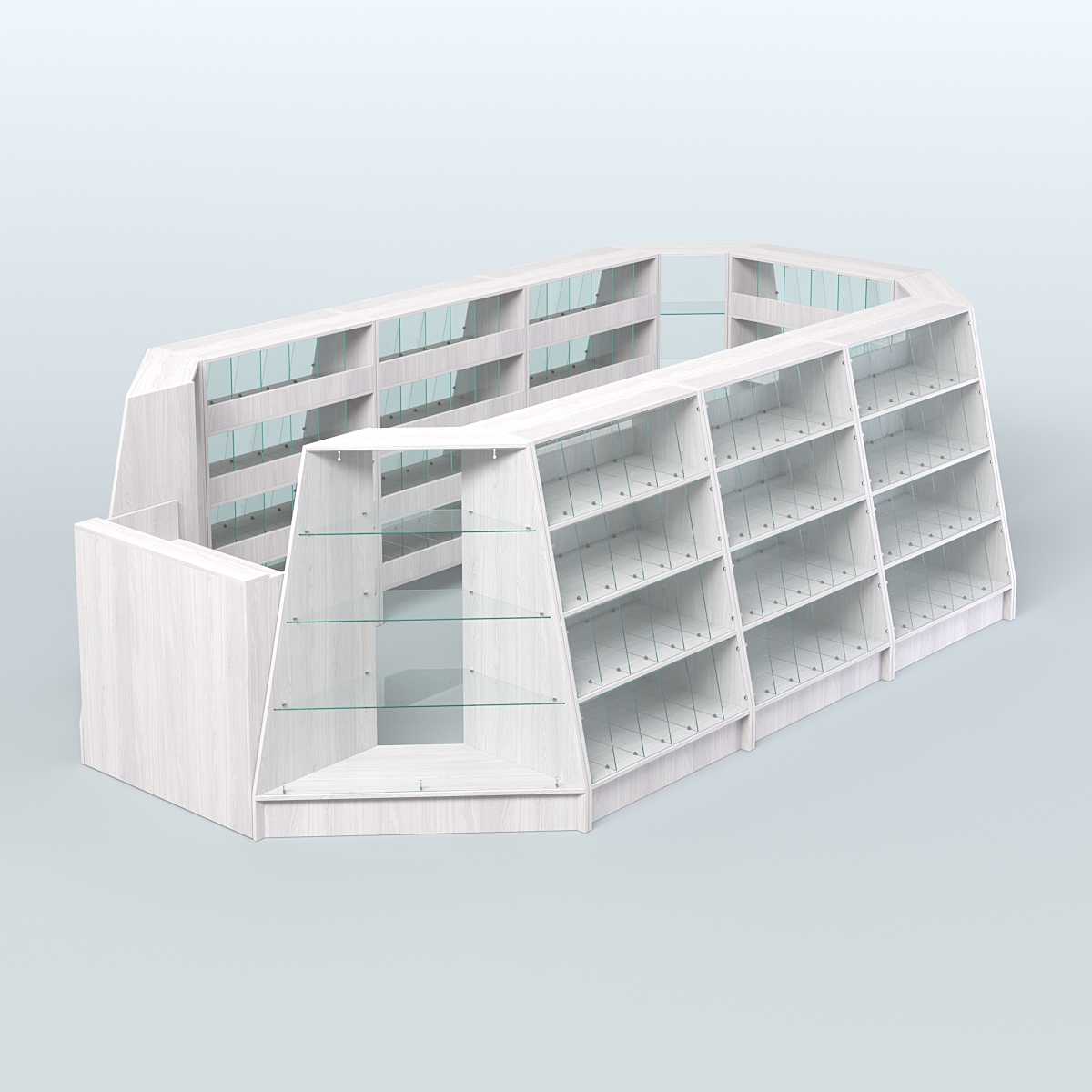 Торговый островок широкий со стеклянными разделителями для продажи конфет и орехов на 168 ячеек №3-2 (10,57 кв.м) Ясень Анкор светлый