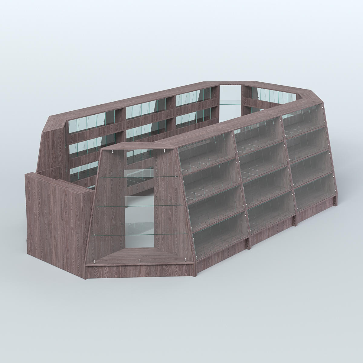 Торговый островок широкий со стеклянными разделителями для продажи конфет и орехов на 168 ячеек №3-2 (10,57 кв.м) Ясень Анкор темный