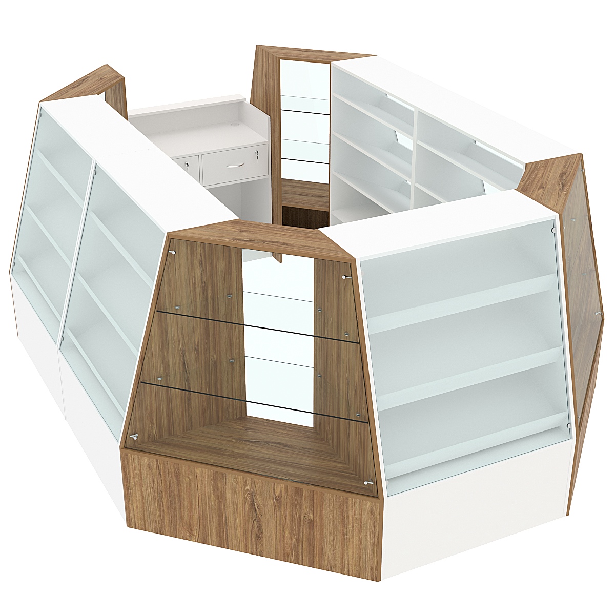 Низкий прямоугольный торговый остров для продажи выпечки и хлеба серии BAKERY №2-1 (8,34 кв.м) Белый + Дуб Канзас коричневый