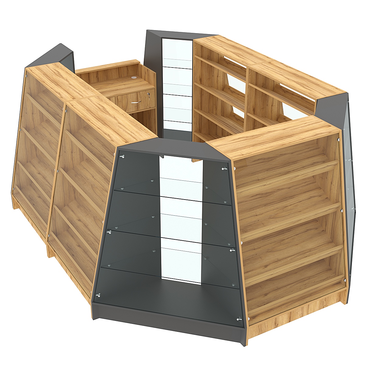 Низкий обзорный торговый остров для продажи выпечки и хлеба серии BAKERY №2-2 (8,34 кв.м) Дуб Золотистый и Темно-Серый