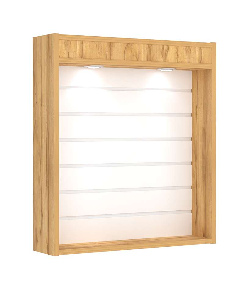 Витрина настенная №1-2В открытая с эконом панелью и подсветкой Дуб Золотистый