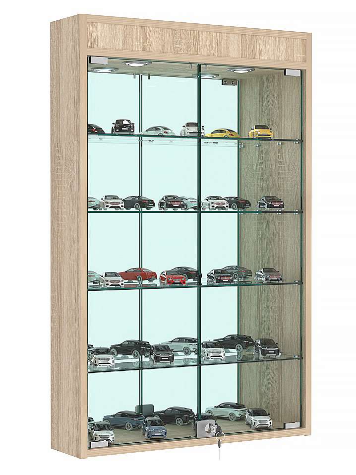 Витрина настенная №2-4А зеркальная с четырьмя полками и подсветкой Дуб сонома